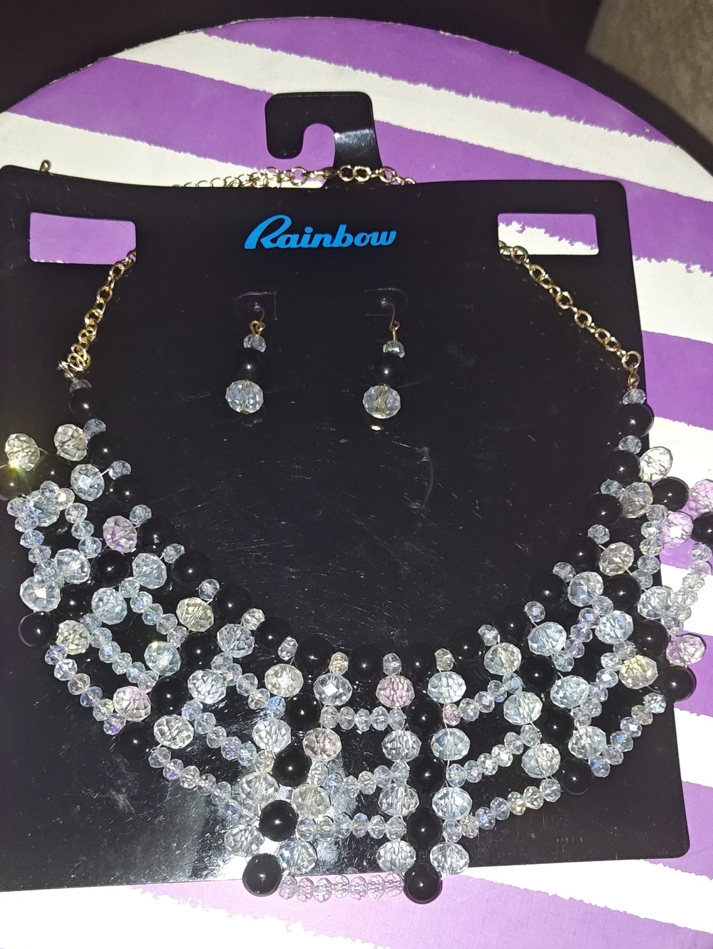 Rainbow Black and Clear Crystal Bib Necklace with Matching Earrings